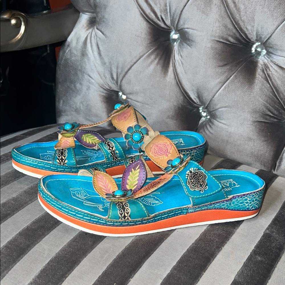 🏺 RARE BOUTIQUE EXCLUSIVE L’ARTISTE HAND-PAINTED LEATHER SANDALS 42 🏺